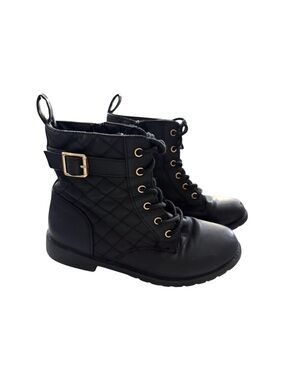 Girls Black Combat Boots Size 4 Quilted Lace-Up Buckle Ankle Boots